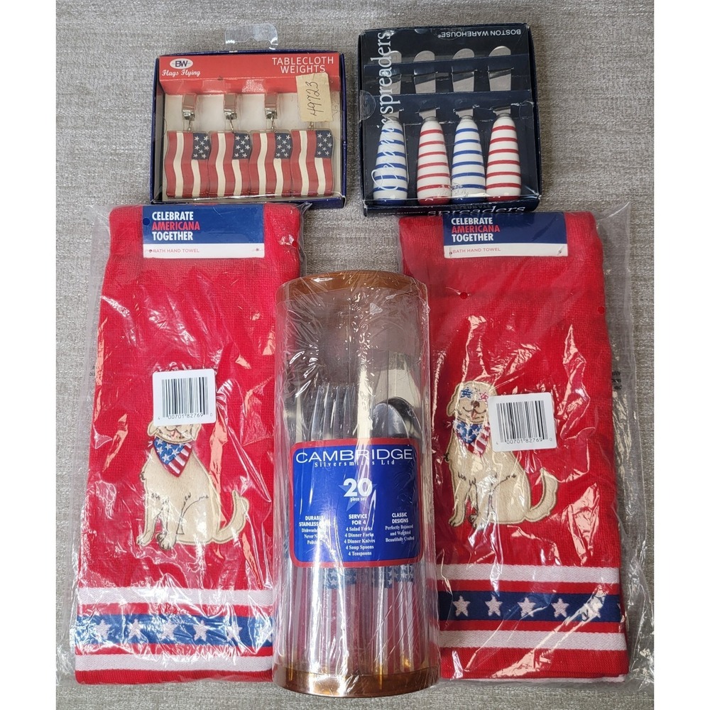 Patriotic USA Flag Red White‎ Blue Flatware Set Hand Towels Spreaders etc NEW